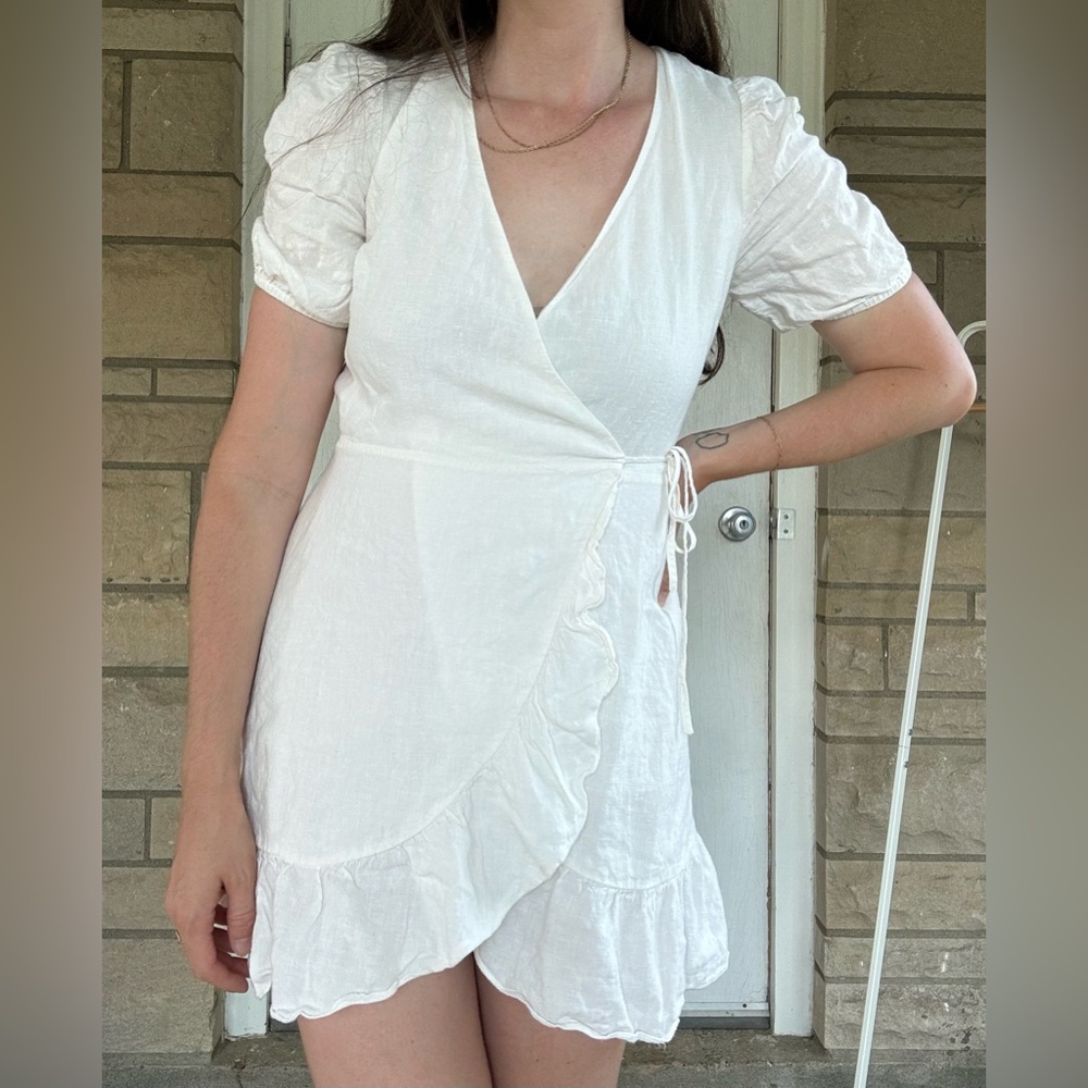 & Other Stories Linen Puff Sleeve Wrap Mini Dress